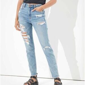 American Eagle Stretch Ripped Mom Jean High Rise Blue Path